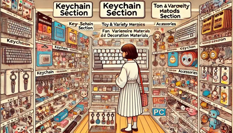 セリアのような日本の100円ショップで、キーボード風キーホルダーを探している日本人女性が、キーホルダー売り場・おもちゃ雑貨・推し活小物・PC周辺コーナーを順に見て回っている様子を描いたイラスト。明るくポップな店内にさまざまな小物が並ぶ。