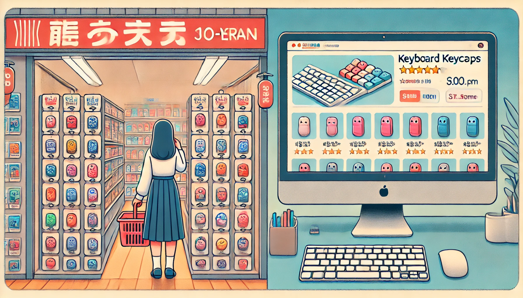 セリアの売り場とAmazonの商品一覧画面を比較する日本人女性。実店舗とネット通販を迷う様子がイラストで描かれている。