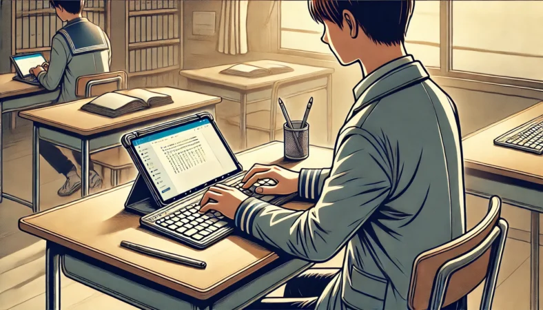 日本人の学生がキーボード付きケースを装着したAndroidタブレットで学習しているイラスト。机の上で安定して設置されたタブレットに向かってタイピングしており、作業のしやすさや集中しやすい環境が表現されている。
