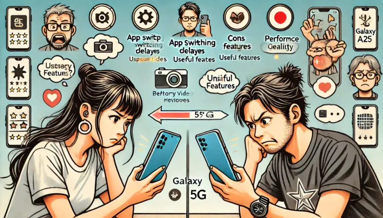 スマートフォンの使用感に対し、日本人女性が遅さやカメラ性能に不満を感じている一方で、日本人男性は動画やメッセージの使用に満足している様子を描いたイラスト。Galaxy A25 5Gの評価が用途によって分かれることを示す場面。