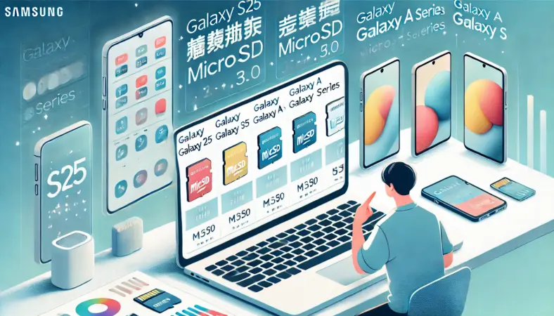 Galaxy S25とGalaxy AシリーズのmicroSD対応状況を比較している日本人ユーザーのイラスト。ノートパソコン画面上には対応機種が一覧で表示されており、Aシリーズのモデルが強調されている。明るく整理されたデスクとテックな雰囲気の室内背景が描かれている。