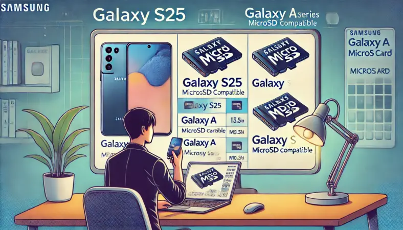 Galaxy S25とGalaxy AシリーズのmicroSD対応状況をノートパソコン画面で比較している日本人ユーザーのイラスト。Aシリーズが強調された互換表が表示されており、明るく整理されたテックな作業環境が描かれている。