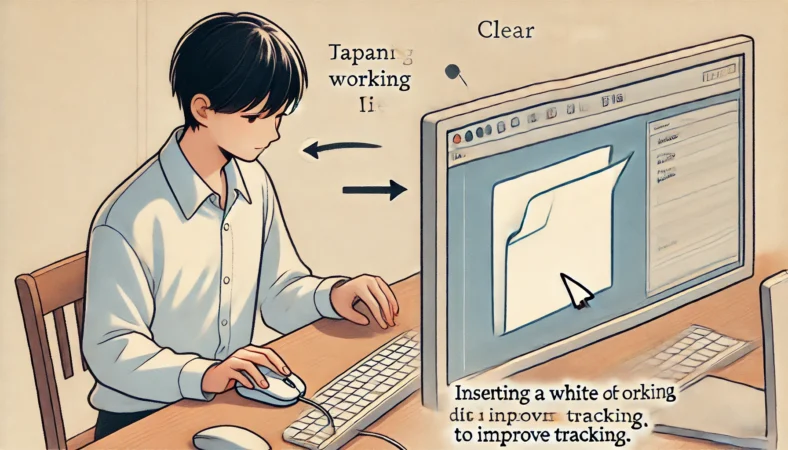 透明なクリアファイルでマウスがうまく動かないため、中に白い紙を挟んで改善しようとしている日本人の作業風景イラスト。シンプルで整理されたデスクで実践的な対処法が描かれている。