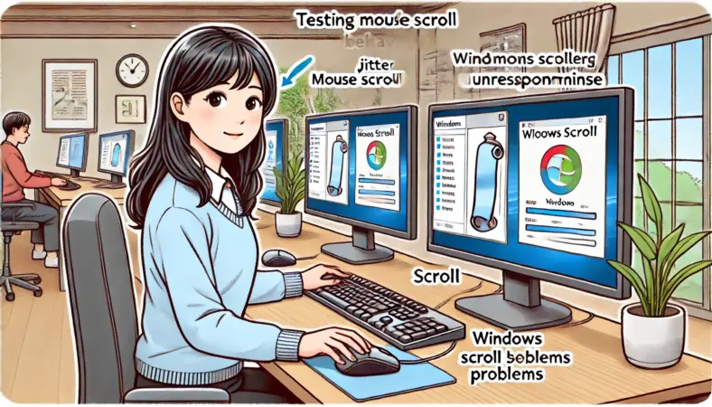 日本人女性がマウスホイールを操作しながら、スクロール設定画面で動作の調整をしている様子のイラスト