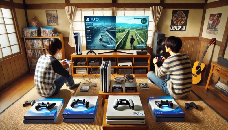 日本の家庭で、PS5とPCを使ってクロスプレイを楽しむ日本人の友人2人。大画面テレビを前にそれぞれのデバイスで同じゲームをプレイしており、テーブルには周辺機器が置かれたリアルなクロスプラットフォーム環境。