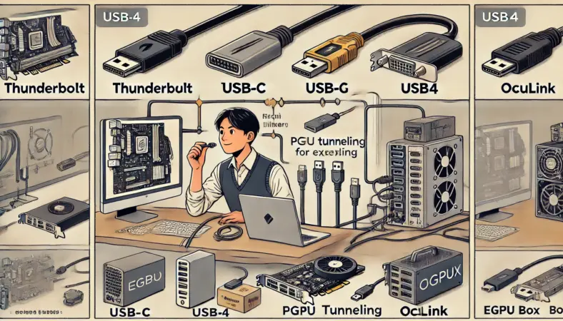 Thunderbolt以外の接続方法（USB-C、USB4、OCuLinkなど）で外付けGPUを検討する日本人男性と比較図のイラスト
