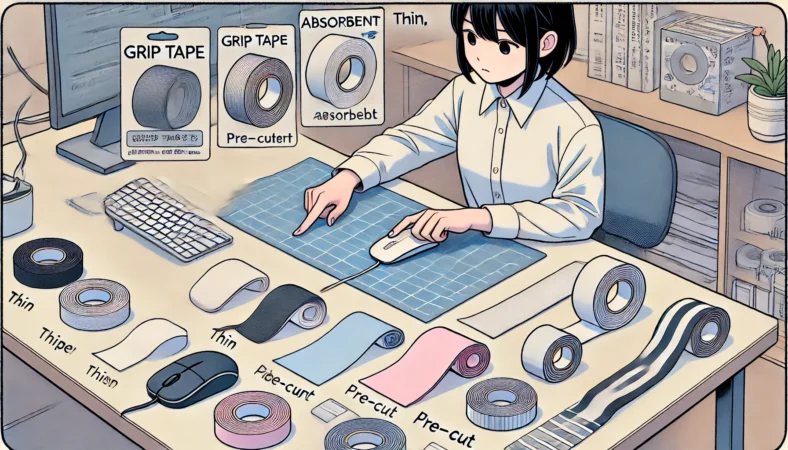 日本人の人物が、複数種類のグリップテープ（薄型・吸汗タイプ・プレカット・汎用シート）を机上に並べ、それぞれの指の当たり方を試しながら最適なものを選んでいる様子。整理されたデスクにマウスとキーボードも見える。