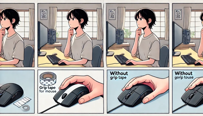 日本人の人物が、グリップテープありのマウスとなしのマウスを並べて比較しながら持ち比べている様子。握り心地や滑りにくさを真剣に検討しており、デスクは自然光に包まれたミニマルな環境。