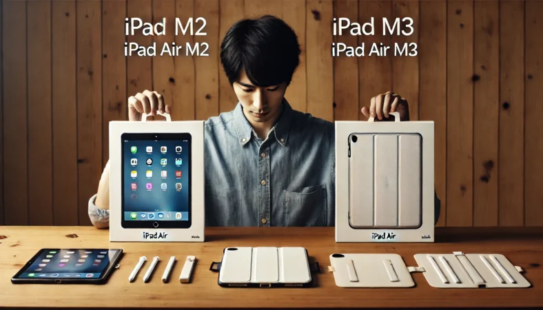 日本人男性が木製デスク上でiPad Air M2とM3用のケースを比較し、カメラ穴や端子の位置を丁寧に確認している様子。隣にはスタイラスホルダーや着脱式のペーパーライクフィルムも置かれている。