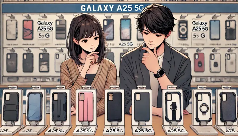 日本人の男女がGalaxy A25 5G用のスマホケースを比較している様子。厚みのあるケース、薄型ケース、リング付きケースなどを手に取り、保護性と使いやすさを考慮しながら選んでいる場面を描いたイラスト。