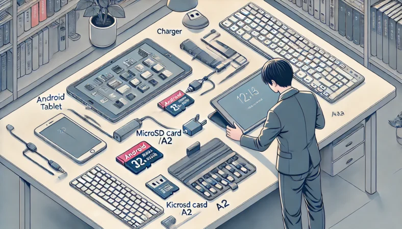 自宅のデスクでAndroidタブレットとその周辺機器(PD充電器、microSDカード、キーボード一体型ケース)を整理し、快適な使用環境を整えている日本人のイラスト。効率的なタブレット活用を意識した構成。