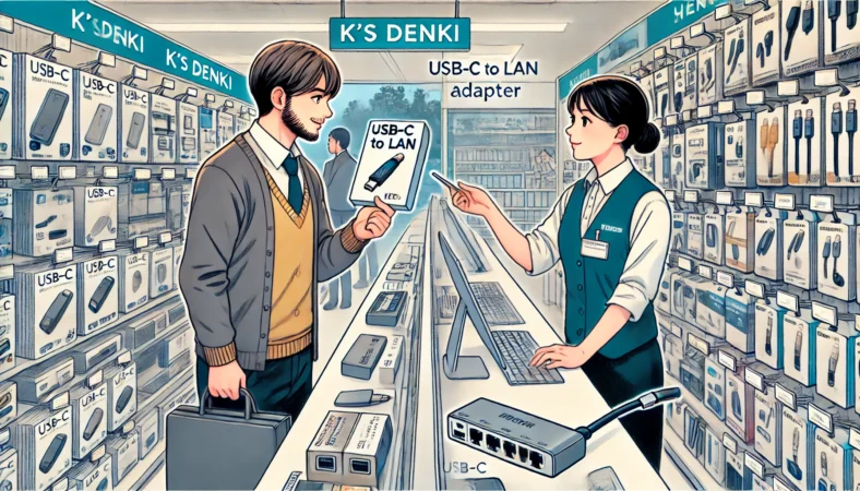 日本の家電量販店で、30代の日本人男性がUSB-CからLANへの変換アダプターについて店員に相談している様子を描いたイラスト。棚には各種アダプターやケーブルが整然と陳列されており、店内は明るく整理された雰囲気。