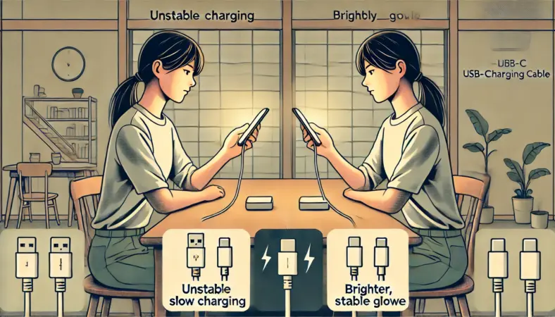 日本人のスマートフォンユーザーが自宅で2本のUSB-Cケーブルを比較しており、一方は安定した充電、もう一方は不安定または低速な充電を示している様子のイラスト。