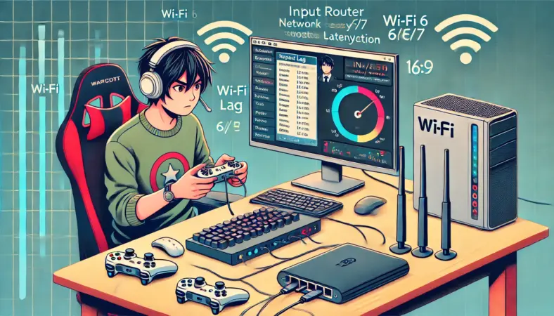 日本人のユーザーが、iPadを使ってWindows PCのゲームをリモートプレイし、遅延に困っている様子のイラスト。Wi-Fi 6/6E/7ルーターやゲームコントローラーがあり、ラグや遅延を示す視覚効果が描かれている。