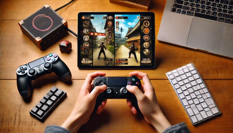 iPadをスタンドに置き、コントローラーとキーボードを併用できる環境でゲームをプレイしている日本人ユーザーのデスク周り。ゲームのジャンルに応じて最適な操作方法を選ぶ様子を表現。