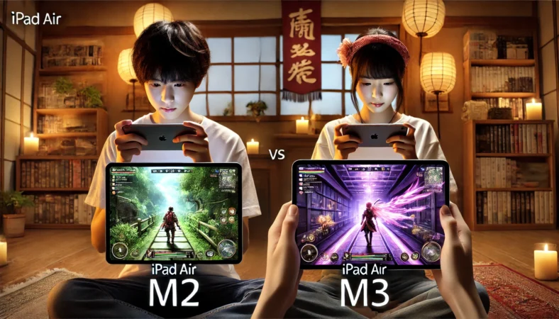 iPad Air M2でカジュアルなゲームを楽しむ日本人の少年と、iPad Air M3で高負荷な3Dゲームをプレイする日本人の少女。ゲームジャンルやパフォーマンスの違いが背景の演出とプレイスタイルから視覚的に表現されている。
