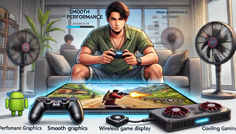自宅で高性能なAndroidタブレットを使い、真剣にゲームをプレイしている日本人男性のイラスト。滑らかなグラフィックと没入感のある画面が強調され、近くにはゲーム用の無線コントローラーと冷却ファンも配置されている。