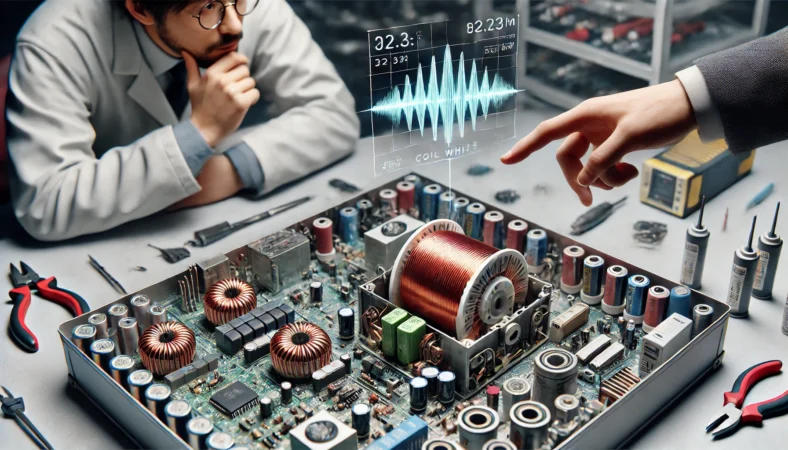 日本の電子機器修理ラボで、技術者がUSB充電器の内部部品（コイルやトランス）を示しながら、コイル鳴きの仕組みを説明している場面。