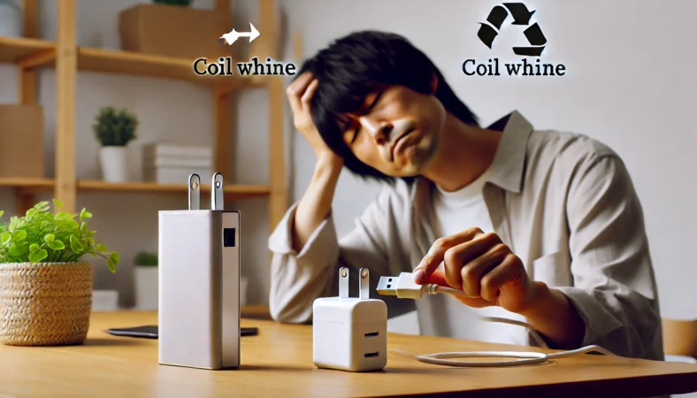 日本人がコイル鳴きに悩み、古いUSB充電器を外して新しい高品質な充電器に交換している様子。モダンな日本の室内で、表情には安心と集中の様子がうかがえる。