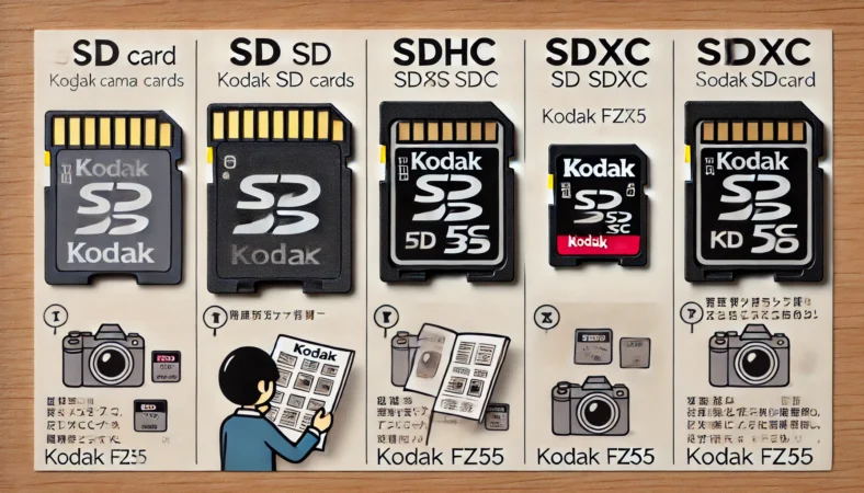 SD、SDHC、SDXCの3種類のカードを比較しながら、取扱説明書を確認する日本人が写っているシーン。FZ55カメラとの互換性を確認している様子がリアルに描かれている教育的なイメージ。