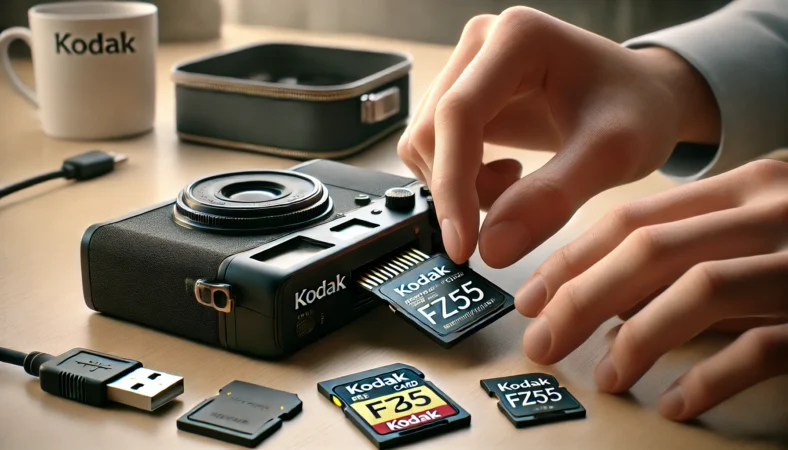 日本人の人物がコダックFZ55カメラにSDカードを正しい向きで丁寧に挿入している様子。周囲には予備のSDカードやカードケース、USBケーブルが整理されて置かれており、安全で実用的な使い方を示すシーン。