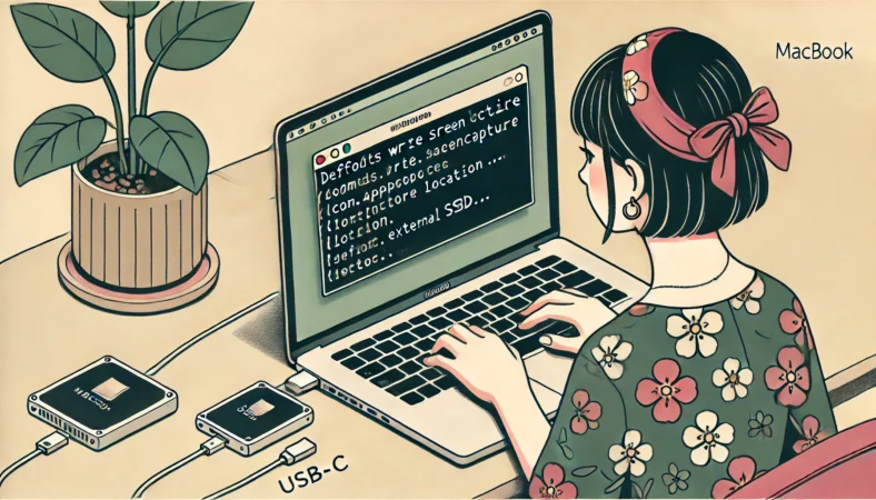 MacBookでターミナルを開き、スクリーンショットの保存先を外付けSSDに変更するコマンドを入力している日本人女性のイラスト。デスクには接続された外付けSSDとUSB-Cハブがあり、整理されたテック系の作業環境が描かれている。