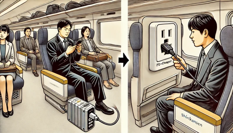 新幹線の座席で、日本人男性が大型の充電器をうまくコンセントに挿せずに苦戦している一方、反対側の乗客は小型のPD対応充電器をスムーズに使用しスマホを快適に充電している様子を描いたイラスト。