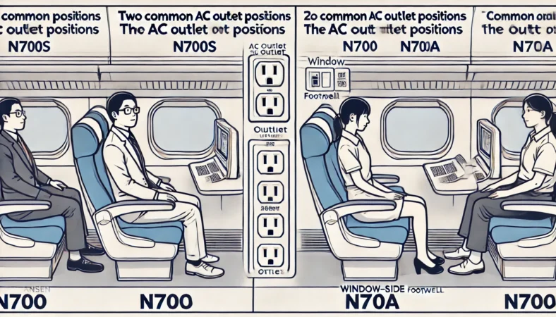 新幹線のぞみ車内で、N700S車両ではひじ掛け付近に、N700A車両では窓側の足元にACコンセントが配置されている様子を比較したイラスト。両タイプの座席に座る日本人乗客が自然に描かれている。