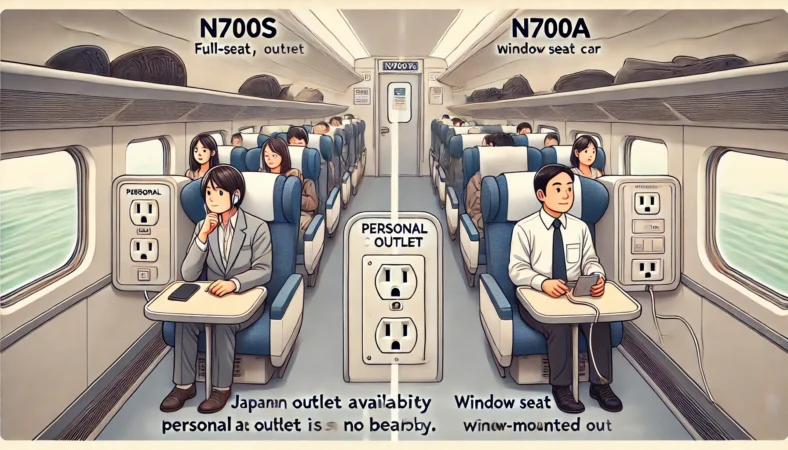 新幹線のぞみの車内で、N700Sでは通路側座席にもコンセントがあり快適に使う乗客と、N700Aでは通路側にコンセントがなく困っている乗客を対比したイラスト。後方の窓側乗客は足元のコンセントを使用中。