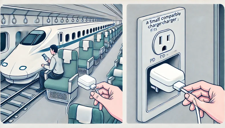 新幹線の座席で、大きな充電器がコンセントにうまく刺さらず苦労している乗客と、反対に小型のPD対応充電器がぴったり刺さりスムーズに充電している様子を比較したイラスト。挿し方と充電器サイズの違いが強調されている。
