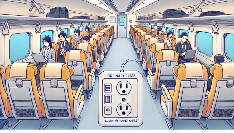 新幹線のぞみN700Sの車内で、窓側・中央・通路側すべての座席にACコンセントがあり、乗客たちがスマホやノートパソコンを充電している様子のイラスト。全席に電源がある快適さが視覚的に表現されている。