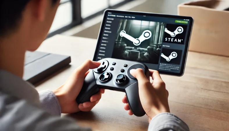 ワイヤレスゲームコントローラーを手に持ち、iPadでSteamゲームを快適に操作している日本人ユーザーのプレイ風景。デスク上のiPadとシンプルな室内環境が特徴。