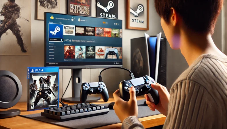 日本のゲーミング環境で、ユーザーがDualSenseコントローラーをUSBでPCに接続し、Steamゲームをプレイする準備をしている場面。安定した有線接続で快適な操作を目指している様子が描かれている。