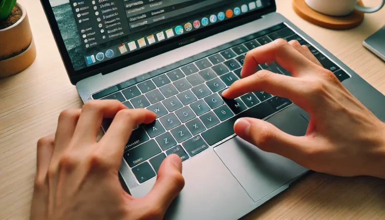 MacBook Airでスクリーンショットを撮るために、左手でShiftとCommandキー、右手で数字の3キーを同時に押している日本人ユーザーの様子。ショートカットの正しい手の配置が分かる場面。