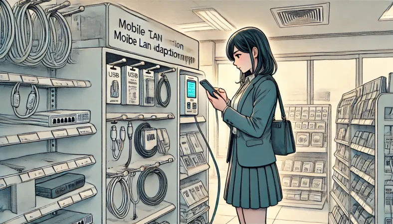 日本のコンビニ店内で、20代の日本人女性がスマートフォンを見ながらLANケーブルを手にして悩んでいる様子を描いたイラスト。棚には充電器やケーブル類が並んでおり、有線LAN変換アダプタは見当たらない。