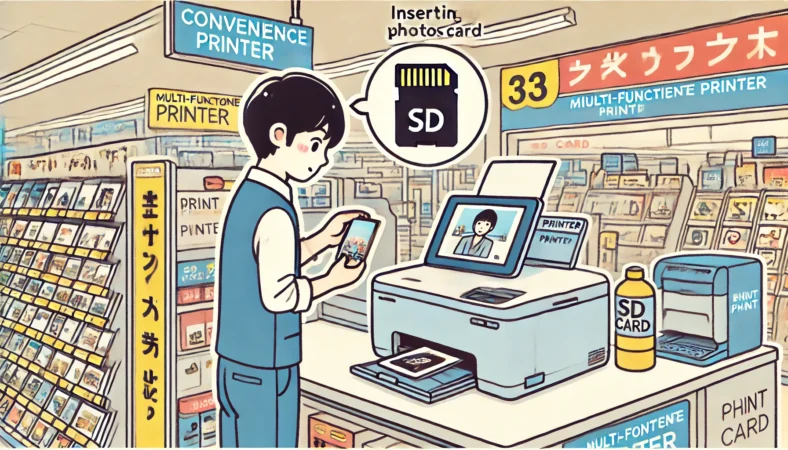 日本人の人物がコンビニ店内でマルチコピー機にSDカードを挿入し、写真を直接印刷している様子。背景にはコンビニ特有の商品棚やプリンターステーションがあり、現場感のあるリアルな雰囲気のイラスト。
