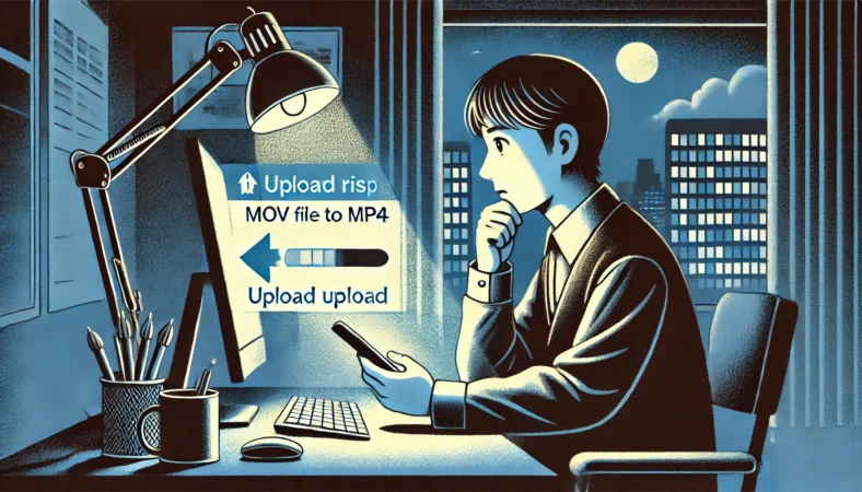 夜のデスクでiPhoneを使い、MOV動画をMP4に変換中の日本人が心配そうにアップロード状況を確認しているイラスト。プライバシーや失敗のリスクへの注意が伝わる慎重な雰囲気。