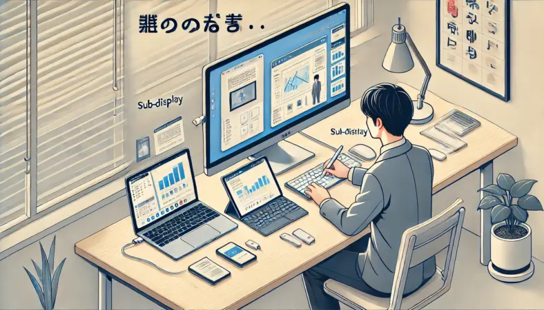 日本人のユーザーが、iPadをサブディスプレイとしてWindowsノートPCと併用し、外部モニターでリモート作業している様子のイラスト。iPadには資料が表示され、PCでは作業中。USB-CまたはHDMI接続で快適な作業環境が整っている。