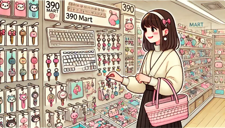サンキューマート風の雑貨店で、キーボードキー型チャームを手に取って嬉しそうに眺める日本人女性。店内はパステルカラーの可愛い小物やアクセサリーが並び、若者向けのおしゃれな雰囲気に包まれている。