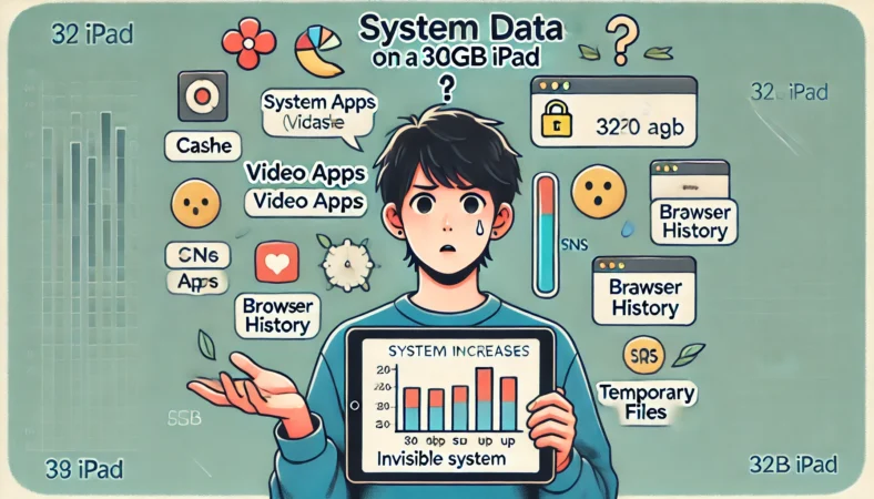 32GBのiPadを使う日本人が、キャッシュや一時ファイル、SNSや動画アプリの影響でストレージが圧迫されて困惑している様子を描いたイラスト。ストレージバーが見えないデータで埋まっていく構造が視覚化されている。