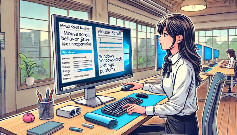 日本人女性がマウスホイールを操作しながら、スクロール設定画面で動作の調整をしている様子のイラスト