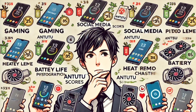 ゲーム、SNS、写真、動画編集と用途ごとに分類された複数のスマホを前に、AnTuTuスコアと電池・発熱・充電性能を比較しながら選択に悩む日本人男性の様子。