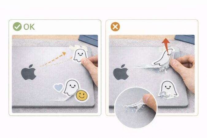 ステッカーを浅い角度でゆっくり剥がす例