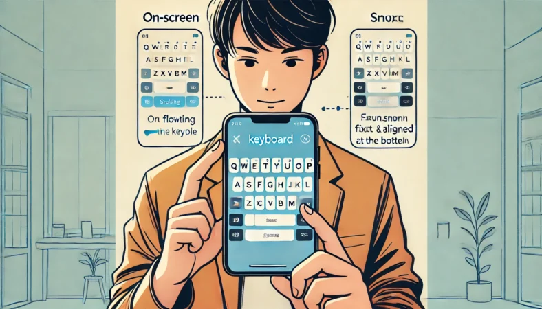 日本人男性がスマートフォンの3種類のキーボード表示（浮いている、右寄せ、小さく固定）を比較しているイラスト。明るい室内で原因を冷静に分析する様子。
