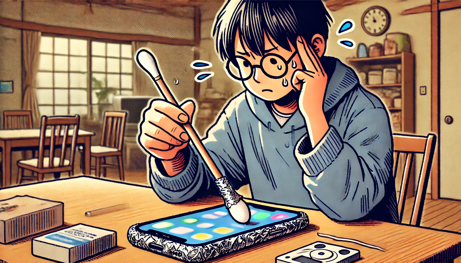 スマートフォンに反応しない自作タッチペンを使って困っている日本人の人物が、家庭内で綿棒にアルミホイルを巻いたスタイラスを試しているが、スマホが反応しない様子を描いたイラスト。