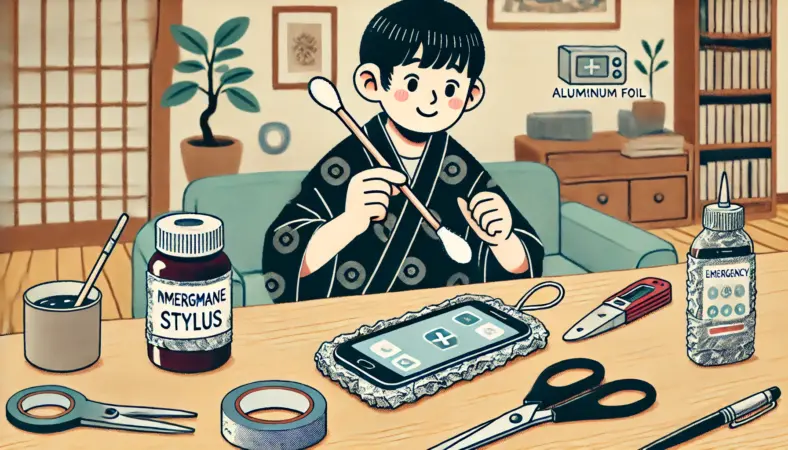 綿棒とアルミホイルを使って自作したタッチペンでスマートフォンを操作し、反応して安心している日本人の人物と、作業に使った道具（はさみ・テープ・ホイル）がテーブルに置かれている室内のイラスト。