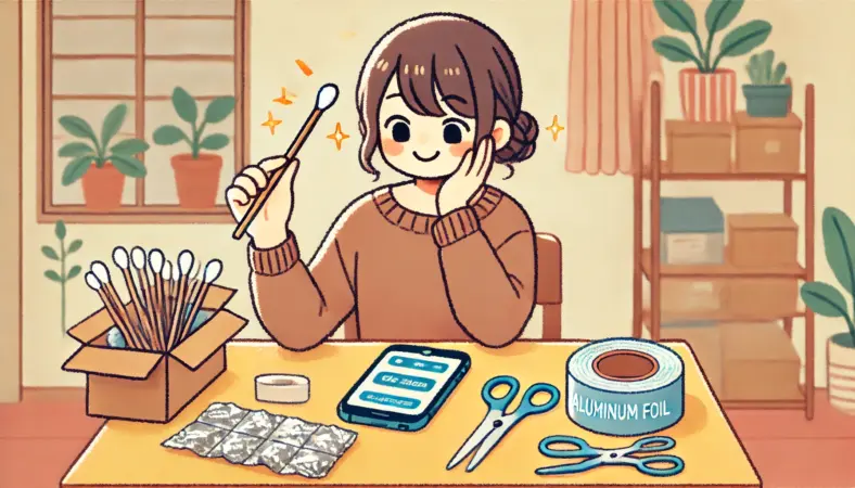 綿棒とアルミホイルで作った自作タッチペンを使ってスマートフォンを操作し、うまく動作して安心した表情を浮かべている日本人の人物。テーブルにははさみやテープなどの道具が並び、温かみのある室内で落ち着いた雰囲気のイラスト。