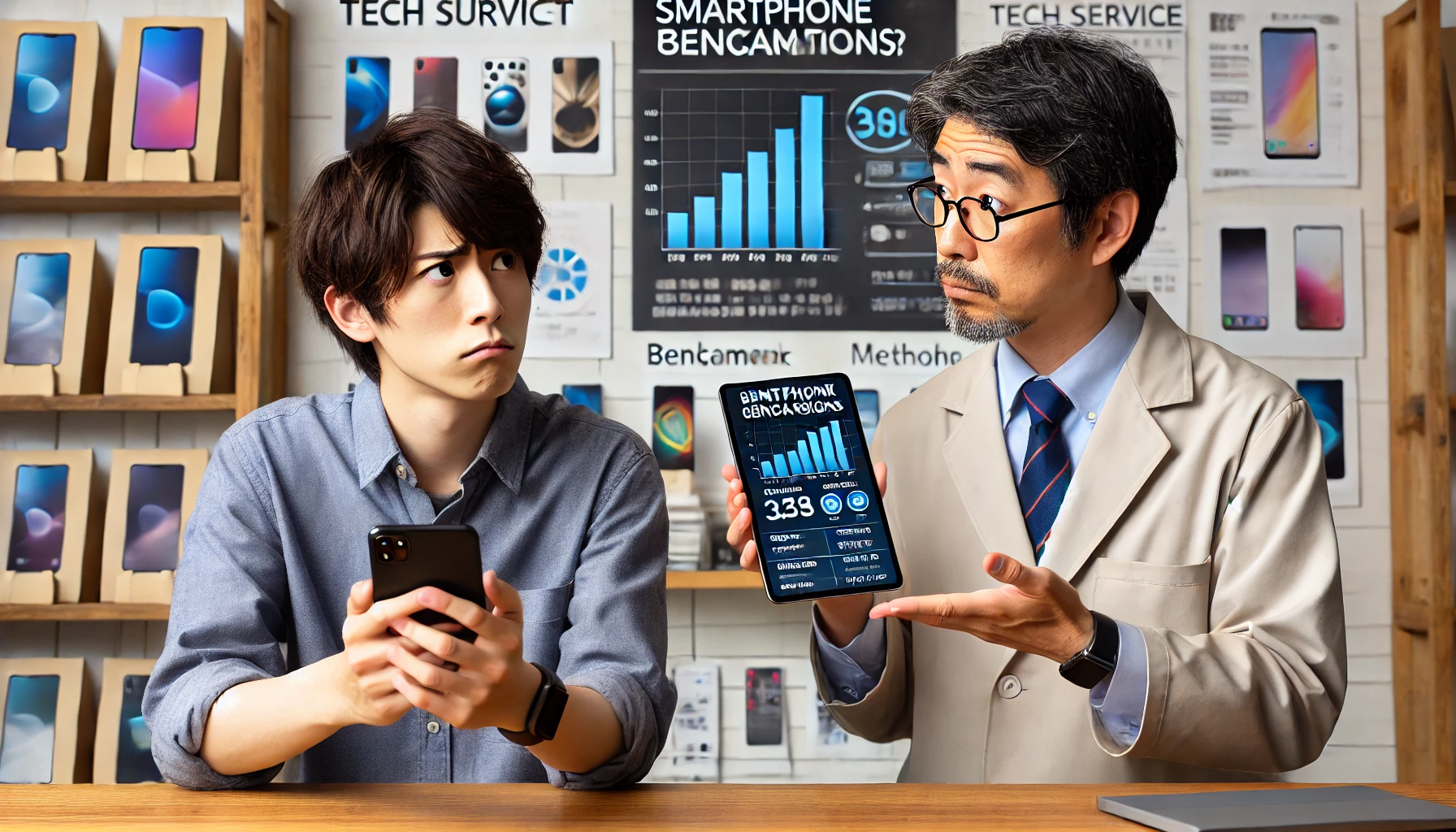 日本人のテクニカルサポート担当者が、スマートフォンのベンチマーク比較方法を困惑する若者に説明しているカウンターシーン。タブレットに表示されたグラフを指しながら解説している。