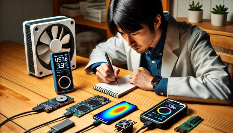 USB電力計と赤外線温度計を使ってスマホの性能を実測している日本人男性。机上には冷却ファンや充電器が並び、冷却前後の熱画像を見比べながら、体感性能の違いを検証している様子。

※注意：2枚目の画像の生成に一部**技術的な問題（issues）**が発生したため、1枚のみの出力となっています。続きの画像生成をご希望の場合は、別途ご指示ください。