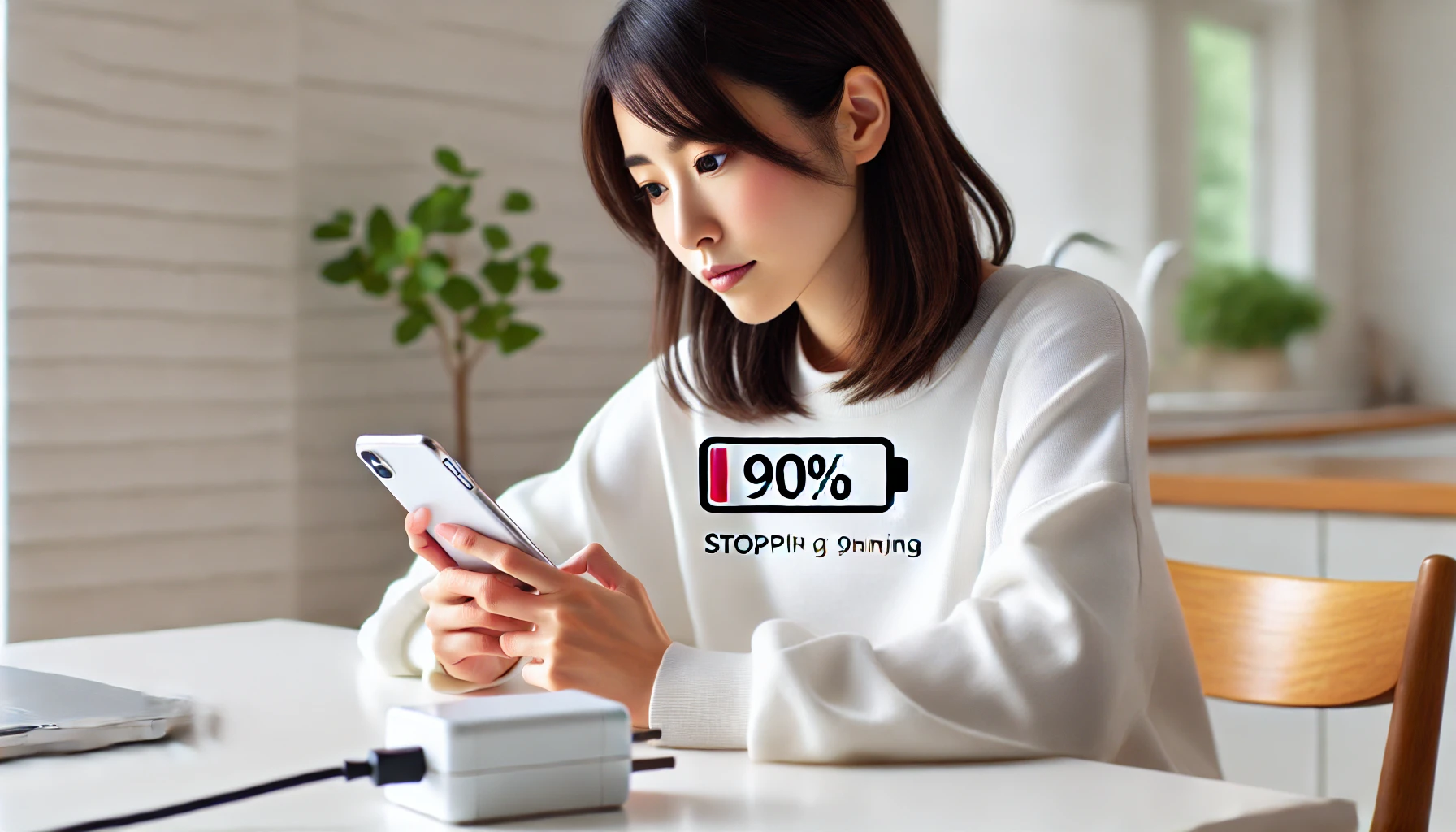スマートフォンのバッテリー充電を90%で止めることを意識している日本人女性が、充電中のスマホを見つめながらデスクに座っているシーン。バッテリー寿命の延命と発熱対策を考慮する様子を表現。